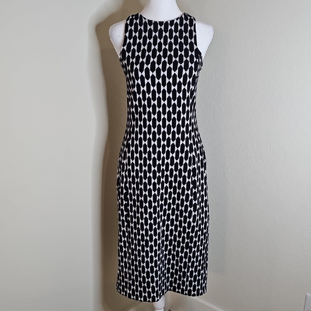 Ann Taylor Black & White Geometric Sleeveless Stretch Midi Dress Sz 6